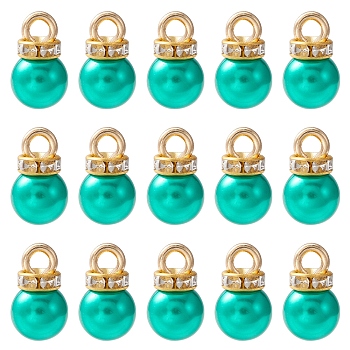 ABS Plastic Charms, with Golden Tone Iron Findings and Rhinestone, Dyed, Round Charm, Light Sea Green, 13.5x8mm, Hole: 2.5mm, about 15pcs/bag