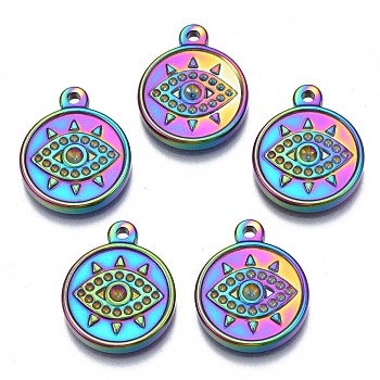 Rainbow Color 304 Stainless Steel Pendants Rhinestone Settings, Cadmium Free & Nickel Free & Lead Free, Flat Round with Eye, Fit For 0.8mm Rhinestone, 19x15.5x2.5mm, Hole: 1.6mm