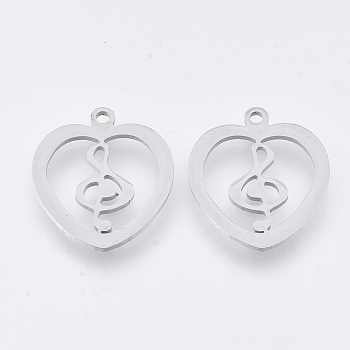 201 Stainless Steel Pendants, Laser Cut Pendants, Heart with Treble Clef, Stainless Steel Color, 17.5x15.5x1mm, Hole: 1.4mm