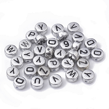 Plating Acrylic Beads, Horizontal Hole, Flat Round with Letter, Silver Plated, 7x4mm, Hole: 1mm, about 3600pcs/500g