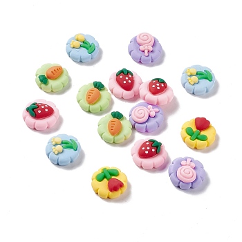 Opaque Resin Cabochons, Flat Round with Flower & Lollipop & Strawberry & Carrot, Mixed Color, 19.5~20x9.7mm