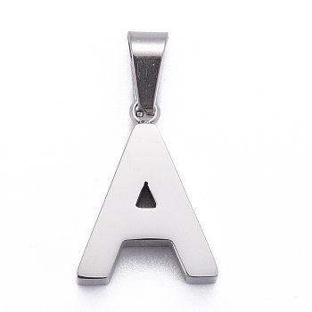 304 Stainless Steel Letter Pendants, Manual Polishing, Alphabet, Stainless Steel Color, Letter.A, 18.5x13.7x3.5mm, Hole: 7x3.5mm