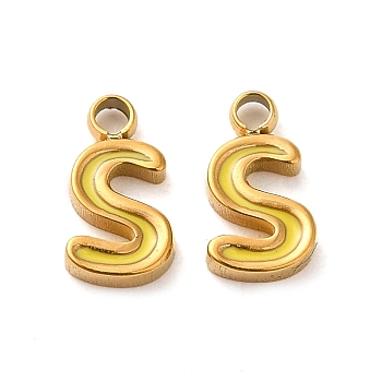 304 Stainless Steel Enamel Charms, Real 14K Gold Plated, Letter, Letter S, 7.5x4.5x1.3mm, Hole: 1.2mm