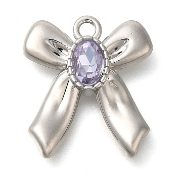 Rack Plating Alloy Pendants, with Rhinestone, Bowknot, Lilac, 20x18x4mm, Hole: 2mm