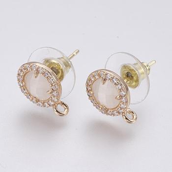 Faceted Glass Stud Earring Findings, with Loop, Brass Micro Pave Cubic Zirconia Findings, Flat Round, Light Gold, White, 12x9x4mm, Hole: 1.2mm, Pin: 0.8mm