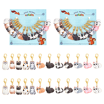 Cat Stitch Markers, Alloy Enamel Crochet Lobster Clasp Charms, Locking Stitch Marker with Wine Glass Charm Ring, Mixed Color, 3.9~4.2cm, 12 style, 1pc/style, 12pcs/set