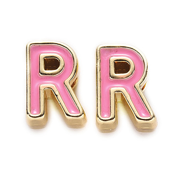 Rack Plating Alloy Enamel Beads, Cadmium Free & Nickel Free & Lead Free, Light Gold, Hot Pink, Letter.R, R: 10x7.5x5mm, Hole: 1.6mm