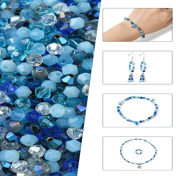 Mixed Styles Glass Beads, Faceted, Bicone, Blue, 4x4mm, Hole: 1mm, about 500pcs/set