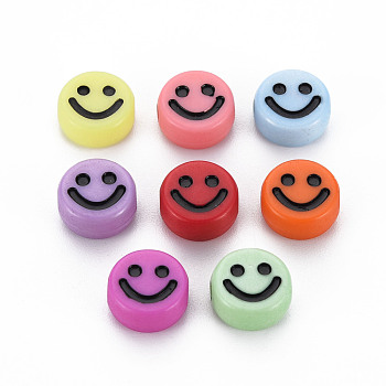 Opaque Acrylic Beads, with Enamel, Flat Round with Smile Face, Mixed Color, 10x5mm, Hole: 2mm, about 1450pcs/500g
