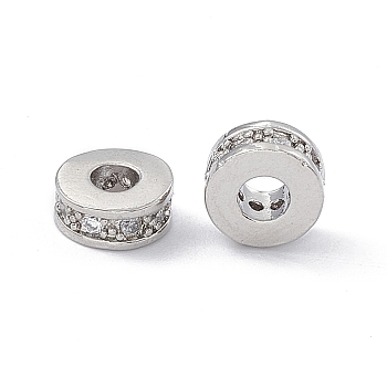 Brass Spacer Beads, with Crystal Rhinestone, Flat Round, Platinum, 7x3~3.7mm, Hole: 3.4mm