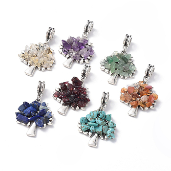 Antique Silver Plated Alloy European Dangle Charms Sets, Large Hole Pendants, with Natural & Synthetic Gemstone Chip Beads, Tree, 40mm, Hole: 4.8mm, Tree: 28x23.5x5mm, 7pcs/set