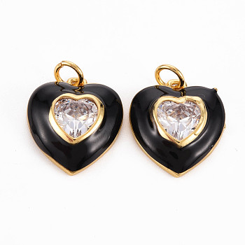 Brass Enamel Pendants, with Clear Cubic Zirconia and Jump Ring, Nickel Free, Real 16K Gold Plated, Heart, Black, 17.5x15.5x4.5mm, Hole: 3.5mm