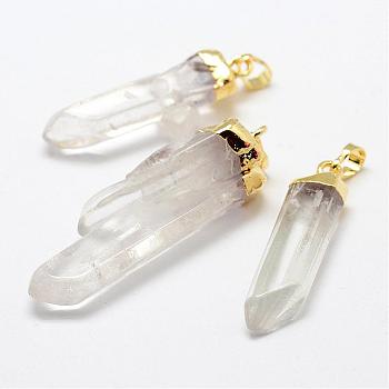 Natural Quartz Crystal Pendants, with Brass Findings, Faceted, Polishing, Nuggets, Golden, 44~57.5x9.9~17x7~15mm, Hole: 5x8mm