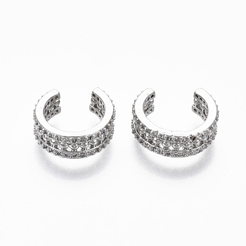 Brass Micro Pave Clear Cubic Zirconia Cuff Earrings, Ring, Real Platinum Plated, Nickel Free, 4.5x10mm