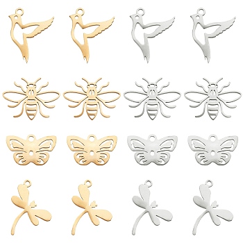 Unicraftale 16Pcs 8 Style 201 Stainless Steel Pendants, Laser Cut, Mixed Shape, Golden & Stainless Steel Color, 9~15.5x12~17x1~1.5mm, Hole: 1.4mm, 2pcs/style