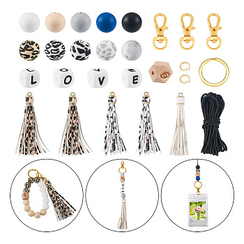 DIY Keychain Wristlet Making Kit, Including Alloy Split Key Rings & Clasps, Octagon with Eye Wood & Silicone Marble Pattern Beads, PU Big Tassel Pendants, Black and White