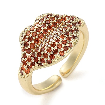 Rack Plating Brass Micro Pave Cubic Zirconia Open Cuff Rings, Real 18K Gold Plated, Lip, Orange, Adjustable