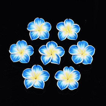Handmade Polymer Clay 3D Flower Plumeria Beads, Dodger Blue, 30x11mm, Hole: 2mm