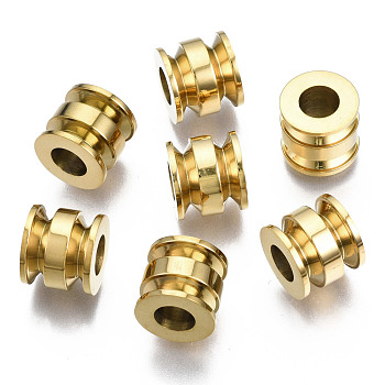 316 Surgical Stainless Steel European Beads, Large Hole Beads, Grooved Beads, Column, Real 14K Gold Plated, 9x10mm, Hole: 5mm