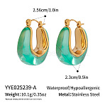 Stainless Steel Resin Hoop Earrings, Real 18K Gold Plated, Green, 25.6x23mm(RL6930-1)