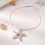 Ocean Starfish Cloth Shell with Rhinestone Pendant White Glass Beaded Necklaces for Women, White, 16.93 inch(43cm)(FS-WGEED08-02)