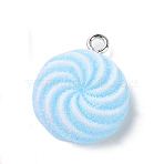 Translucent Resin Flat Round Pendants, Druzy Candy Charms with Platinum Plated Iron Loops, Deep Sky Blue, 20x17x7mm, Hole: 2mm(RESI-A025-03A)