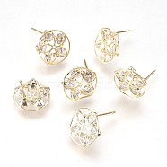 Brass Stud Earrings, with Cubic Zirconia, Nickel Free, Flat Round with Flower, Clear, Real 18K Gold Plated, 12x3mm, Pin: 0.8mm(EJEW-P155-02G-NF)
