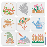US 9Pcs 9 Styles Garden Theme PET Hollow Out Drawing Painting Stencils, for DIY Scrapbook, Photo Album, with 1Pc Art Paint Brushes, Mixed Shapes, 150x150mm, 1pc/style(DIY-MA0004-12A)