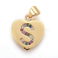 Brass Micro Pave Cubic Zirconia Pendants, Heart with Letter, Colorful, Letter.S, 17x15x1.5mm, Hole: 3.5x4.5mm(X-ZIRC-F093-57G-S)