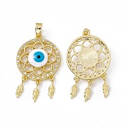 Woven Net/Web with Feather Brass Micro Pave Cubic Zirconia Pendants, Enamel Evi Eye Charm, Real 18K Gold Plated, 32.5mm, Hole: 3x5.5mm(KK-E068-VC057)