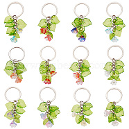 Acrylic & Lampwork Pendant Keychain, with Iron Findings, for Car Key Bag Decoration, Leaf & Lily of the Valley, Mixed Color, 6.8cm, 12 colors, 1pc/color, 12pcs/box(KEYC-AB00041)