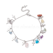 Natural & Synthetic Mixed Gemstone Chips & Cross Charms Anklet, 304 Stainless Steel Jewelry for Women, 9~9-1/8 inch(22.8~23cm)(AJEW-AN00512-04)