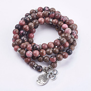 Natural Rhodonite Wrap Bracelets, with Alloy Finding, Om Symbol and Tree of Life, 36.22 inch~39.37 inch(92~100cm)(BJEW-E329-06B)