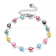 304 Stainless Steel Link Bracelets, with Enamel and Lobster Claw Clasps, Evil Eye, Stainless Steel Color, Colorful, 7-5/8 inch(19.5cm)(BJEW-M203-04P-B)