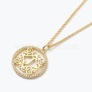 Brass Micro Pave Clear Cubic Zirconia Pendant Necklaces, Flat Round with Letter, Real 18K Gold Plated, Letter.J, 16.14~17.20 inch(41~43.7cm)(NJEW-E153-01J)