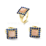 Natural Sunstone & Lapis Lazuli Rectangle Adjustable Ring, Real 18K Gold Plated Brass Wide Ring for Women, Inner Diameter: 17mm(RJEW-B030-01A-06)