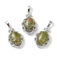 Natural Unakite Oval Pendants, Platinum Tone Brass Micro Pave Clear Cubic Zirconia Flower Charms, Long-Lasting Plated, Lead Free & Cadmium Free, 30x19x10mm, Hole: 7.8x5mm(G-NH0025-15P-13)