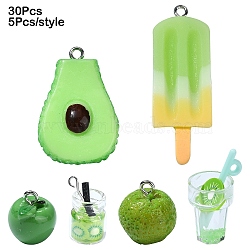 30Pcs 6 Styles Opaque Resin Pendants, Imitation Food, with Platinum Plated Iron Loops, Green, 15~41x12~28.5x11~17mm, Hole: 1.8~2mm, 5pcs/style(RESI-YW0001-67B)