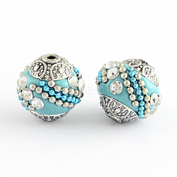 Handmade Indonesia Beads, with Crystal Rhinestones and Alloy Cores, Round, Antique Silver, Light Sky Blue, 14~16x14~16mm, Hole: 1.5mm(IPDL-R437-03)