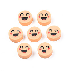 Handmade Polymer Clay Beads, Flat Round with Expression, PeachPuff, 9~10x4~5mm, Hole: 1.6mm(CLAY-N008-065-A08)