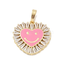 Rack Plating Brass Micro Pave Clear Cubic Zirconia Pendants, with Enamel, Long-Lasting Plated, Lead Free & Cadmium Free, Real 18K Gold Plated, Heart with Smile, Pearl Pink, 20x19x2.5mm, Hole: 6.5x3.5mm(KK-A224-15G-06)