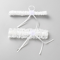 2Pcs Polyester Lace Elastic Bridal Garters, with Plastic Imitation Pearl, Wedding Garment Accessories, White, 340x15~35mm(AJEW-WH20020-131)