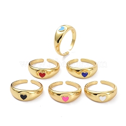 Real 18K Gold Plated Heart Open Cuff Rings, Adjustable Brass Enamel Finger Rings for Teen Girl Women, Mixed Color, US Size 6 3/4(17.1mm)(KK-C224-09G)