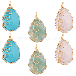 6Pcs 3 Styles Mixed Gemstone Copper Wire Wrapped Pendants, Teardrop Charms, Natural Green Aventurine & Rose Quartz, Synthetic Turquoise, Golden, 33x20x19mm, Hole: 3.5x3mm, 2pcs/style(FIND-FH0007-92)