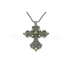 Cross Rhinestone Pendant Necklaces, with Antique Silver Alloy Ball Chains, Peridot, 27.56 inch(70cm)(FK0815-3)