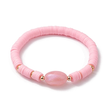 Polymer Clay Heishi Surfer Stretch Bracelet, Oval Acrylic Bracelet, Pink, Inner Diameter: 2-1/4 inch(5.7cm)