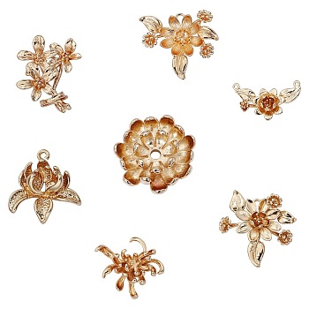7Pcs 7 Style Brass Pendant, Electroplated Vintage Flower Handmade Necklace DIY Jewelry Accessories, Golden, 32x32.5mm, Hole: 6mm