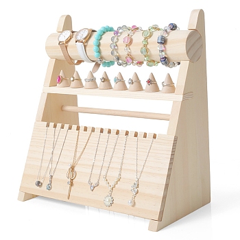 Wooden Jewelry Display Stands, Jewelry Organizer Holder for Necklaces, Finger Rings, Bracelets and Watch Display, Wheat, 30.5x15.5x32cm