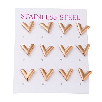 Vacuum Plating 304 Stainless Steel Stud Earring, Letter V, Rose Gold, 11x11mm, 12pcs/set
