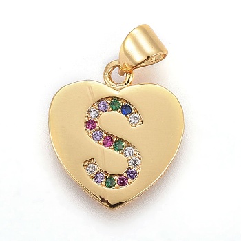 Brass Micro Pave Cubic Zirconia Pendants, Heart with Letter, Colorful, Letter.S, 17x15x1.5mm, Hole: 3.5x4.5mm